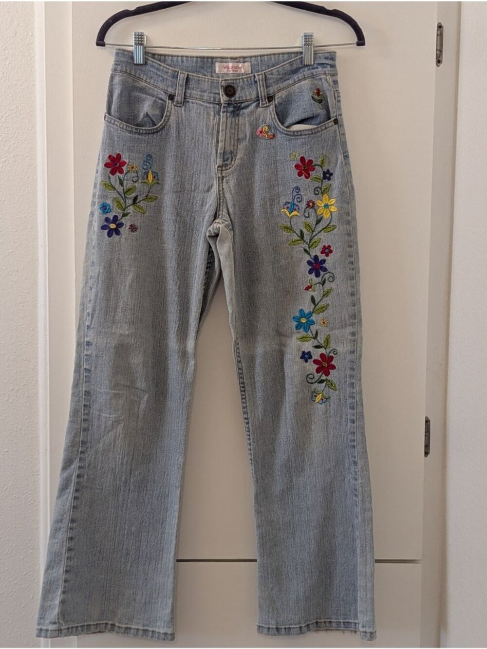 Vintage Light Wash Denim Jeans With Colorful Floral & Tweety Bird Embroidery Str